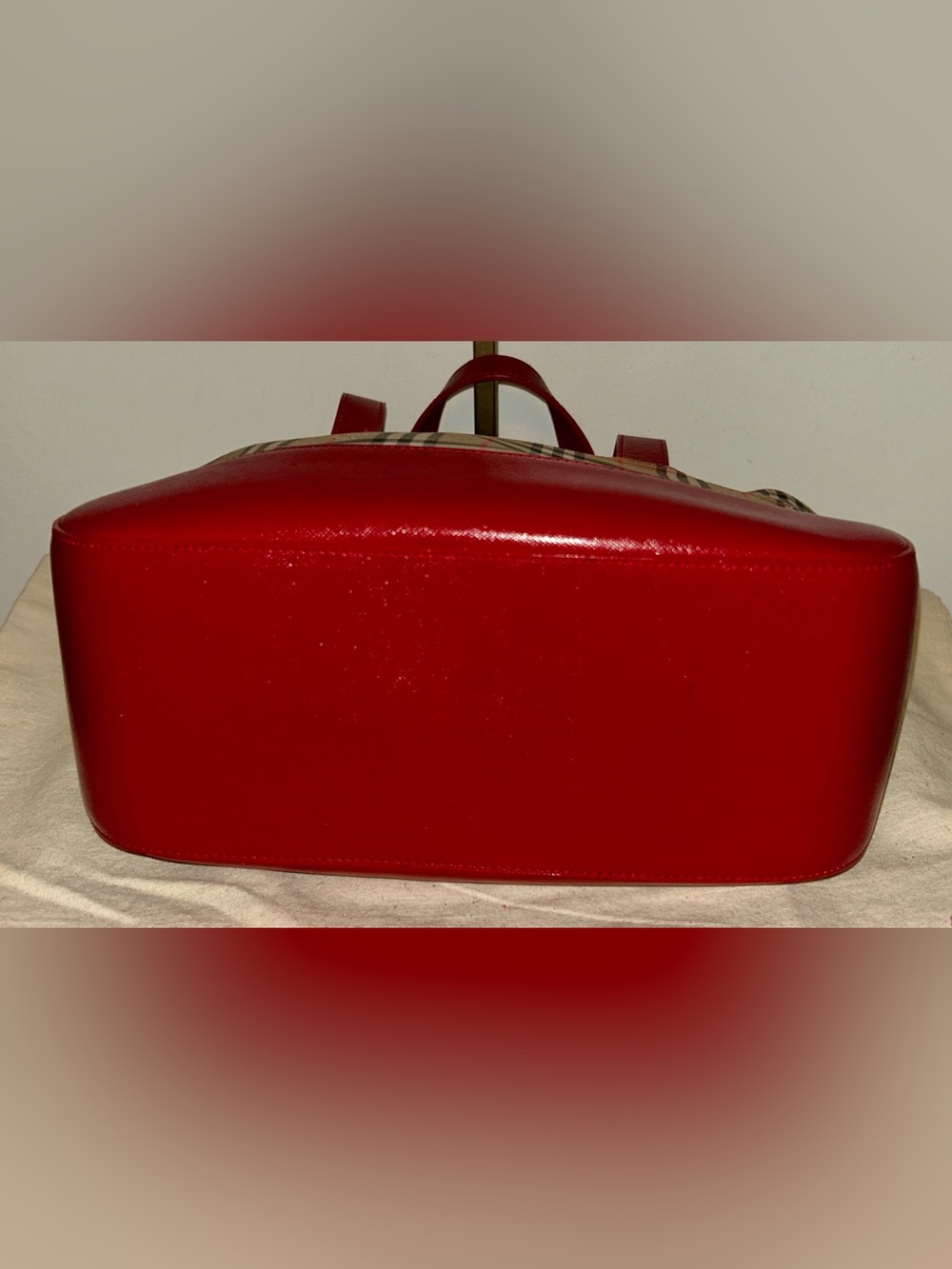 Burberry. Haymarket Check Canvas Tote Bag featuring vibrant red leather trim. - Picture 7 of 12